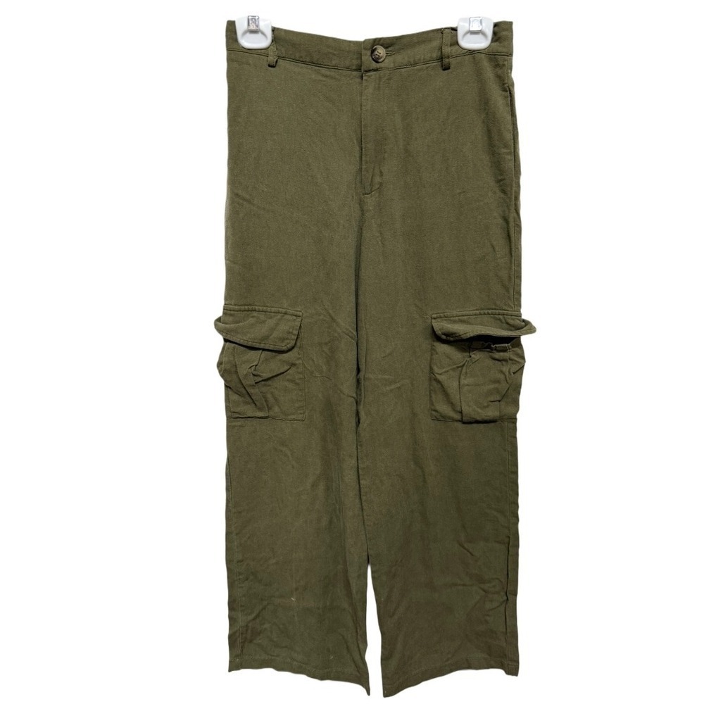 Sans Souci Olive Green Linen Blend Wide Leg Cargo Pants Size Small Utility Style
